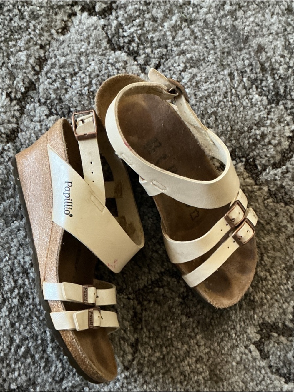 Papillio Cream Leather Cork Wedge Sandals with Buckles